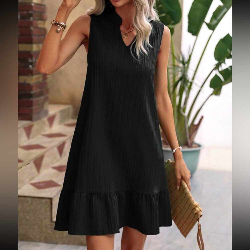 Black Notched Neck Ruffle Hem Smock Dress